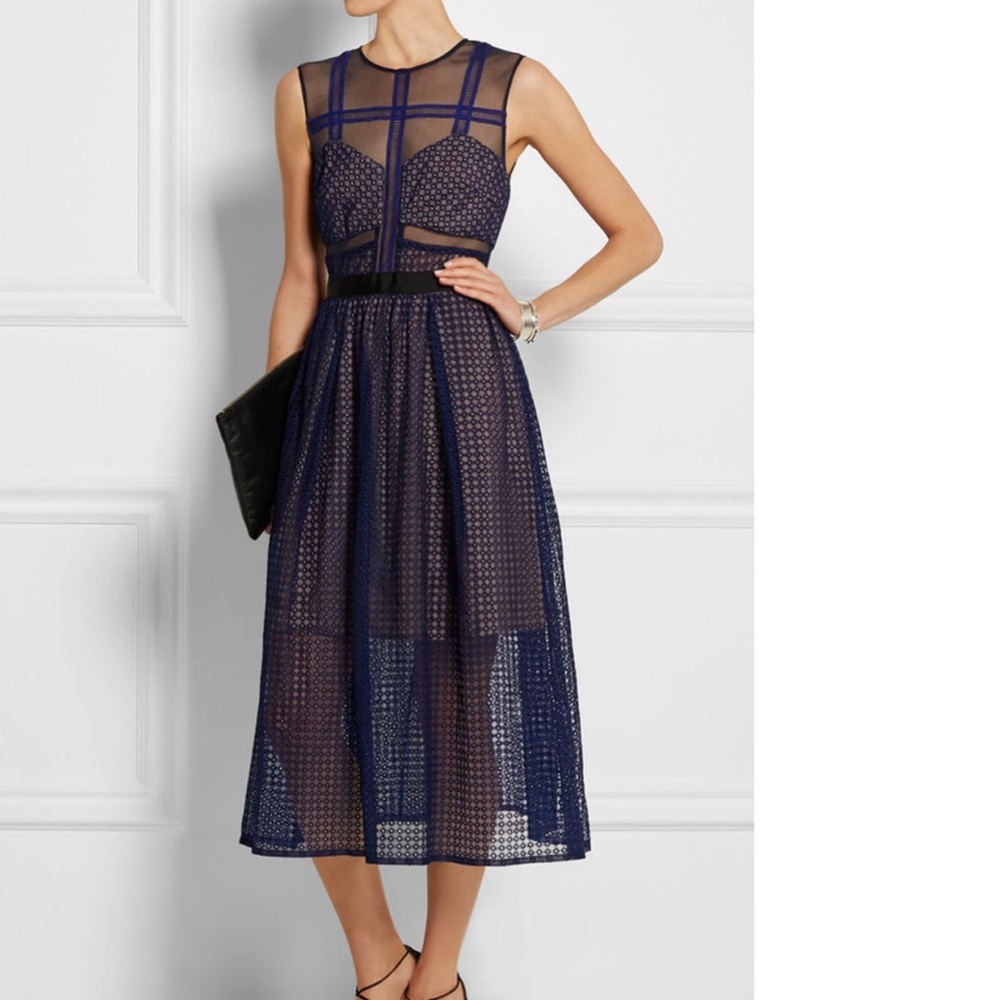 Self Portrait Embroidered Midi Dress Size 6 Pockets Wedding Guest Sleevless Navy
